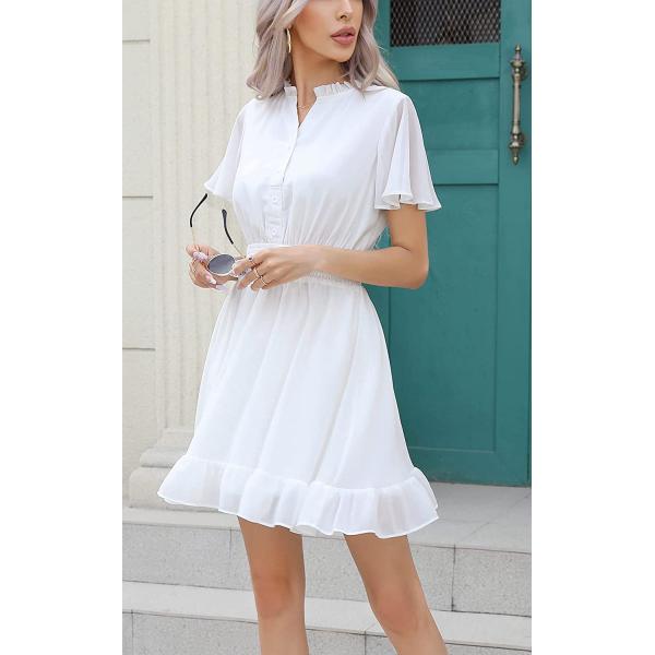 EXLURA Womens Summer Button Down V Neck Dress Short Sleeve Mini Party Dress Ruffle A-Line Cocktail Dresses