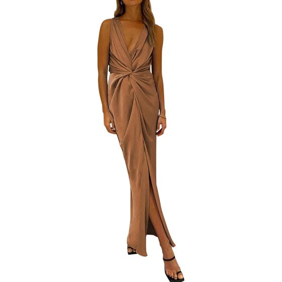 PRETTYGARDEN Women's Satin Ruched Bodycon Dress Summer 2023 Twist Front V Neck Sleeveless Split Maxi Dresses