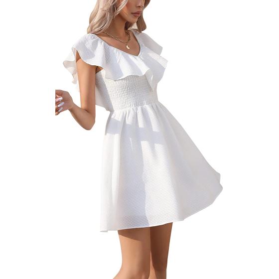 EXLURA Women's Summer Ruffle Casual Dress V Neck Lace A Line Backless Mini Dresses Flowy Wedding Guest Party Sundresses