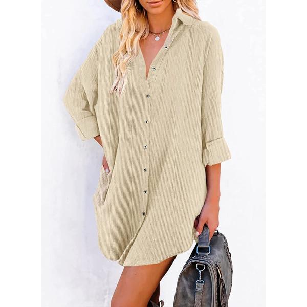 Astylish Women Casual Long Sleeve Button Down Oversized Corduroy Shirt Dress with Pocket