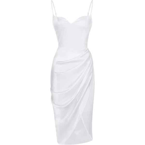 Joukavor Women's Sexy Spaghetti Strap Satin Dress Ruched Midi Bodycon High Slit Dress for Cocktail