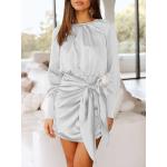 ANRABESS Women Casual Long Sleeve Crewneck Ruched Wrap Short Party Dress Tie Waist Satin Cocktail Dress