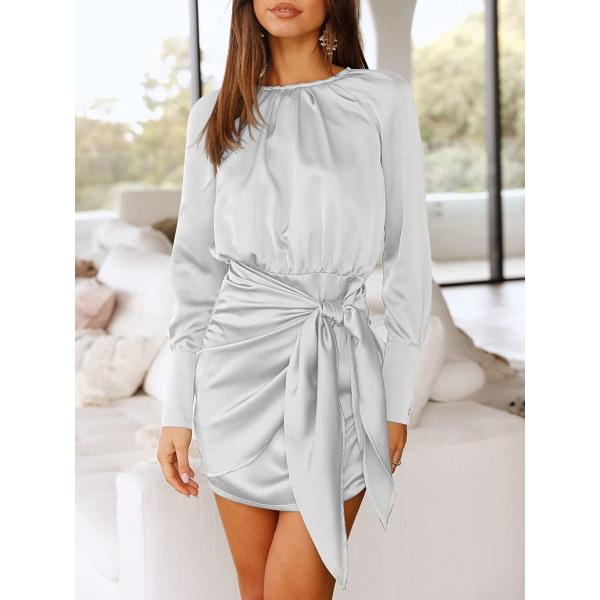 ANRABESS Women Casual Long Sleeve Crewneck Ruched Wrap Short Party Dress Tie Waist Satin Cocktail Dress
