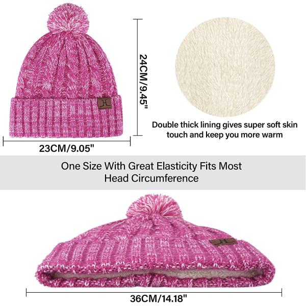 Womens Winter Warm Beanie Hat Touchscreen Gloves Long Scarf Set Ribbed Cable Knit with Fleece Lined Skull Pom Caps