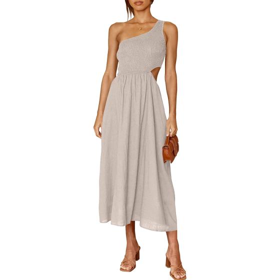 ANRABESS Women's Summer Sleeveless Smocked One Shoulder Cutout Sundress Flowy A-Line Beach Long Maxi Dress