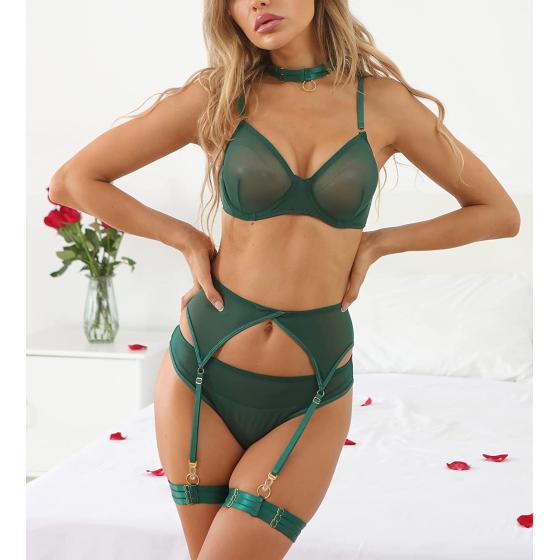 Weimuyuan Women's 4 Pieces Exotic Lingerie Set Lace Underwire Lingerie Sets Sexy Lingerie Set with Garter Bra and Panty