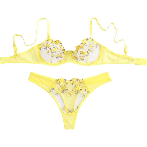 WDIRARA Women's Floral Embroidery Underwire Lingerie Set Mesh Bra and Panty Set