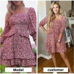 EXLURA Womens Floral Ruffle Sun Dress Sundress Tiered Square Neck Long Sleeve Off Shoulder Smocked Skater Mini Dress
