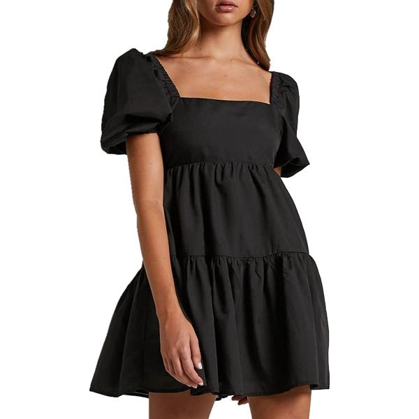 OWNGIGI Womens Square Neck Lantern Sleeve Dress High Waisted Tie Back Casual A-Line Mini Dress