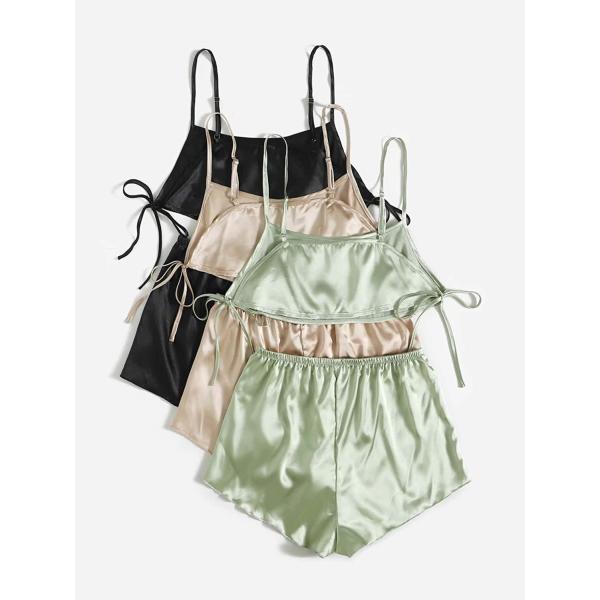SheIn Women's 3 Sets Tie Side Satin Lounge Set Sleeveless Crop Cami and Elastic Waist Shorts Sleepwear Pajama Set