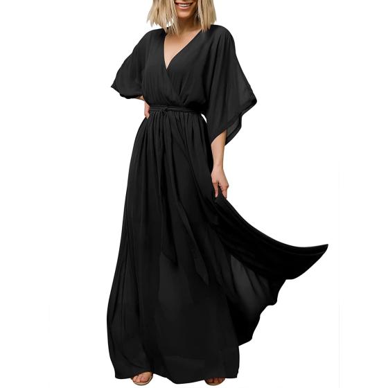 ANRABESS Women’s Summer Loose Kimono Maxi Dress Wrap V Neck 3/4 Sleeve Floral Print Slit Long Dresses