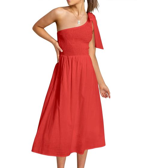 ANRABESS Women's Summer Casual Smocked Sundress One Shoulder Sleeveless Knot Flowy Bohemian Beach Midi Dresses