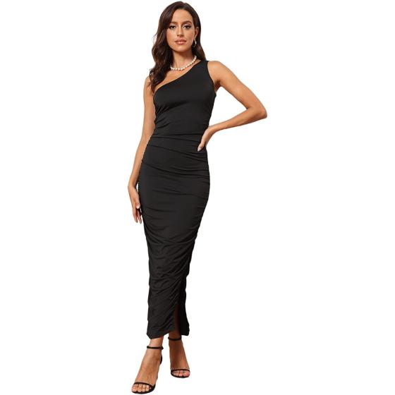 GEMEIQ Women’s Ruched One Shoulder Bodycon Midi Dress Sexy Sleeveless Cocktail Party Pencil Dresses