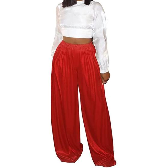 Women's Casual Shiny Wide Leg Pants Elastic High Waist Pants Loose Trousers Lightweight