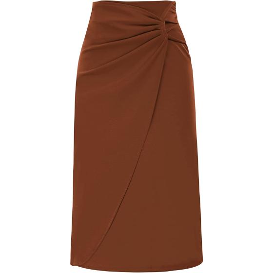 Kate Kasin Women's Knot Side Ruched Elegant Midi Skirt High Waist Business Casual Skirts
