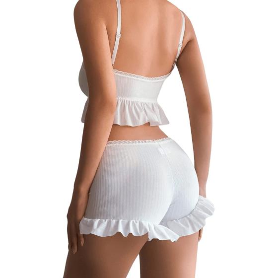 SweatyRocks Women's 2 Piece Lingerie Set Ruffle Trim Tie Front Cami Top and Shorts Sleepwear