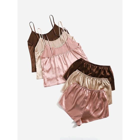 SheIn Women's 3 Sets Satin Pajama Set Sleeveless Crop Cami and Elastic Waist Shorts Sleepwear Lounge Set