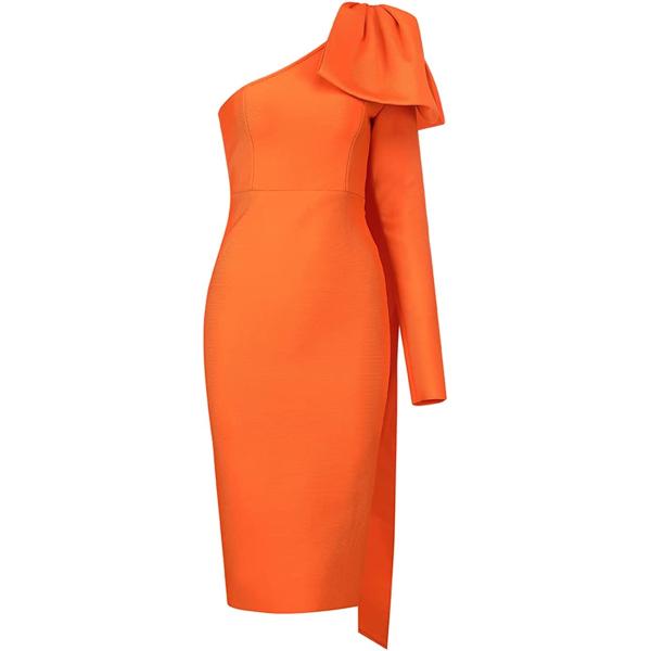 UONBOX Women's One Shoulder Bowknot Long Sleeve Bodycon Knee Length Club Party Bandage Dress