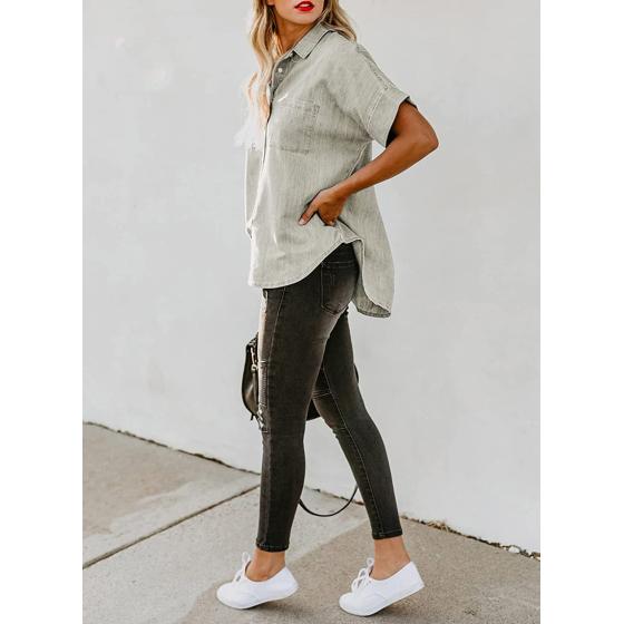 Astylish Womens Button Down Shirts V Neck Loose Casual Shirt
