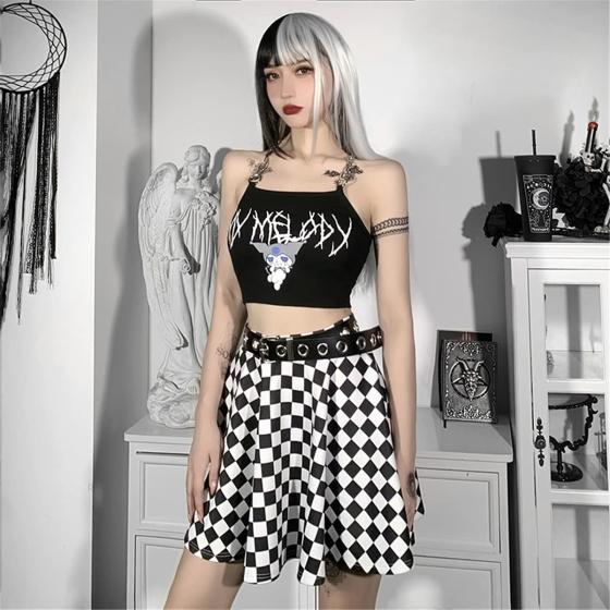 Dlynmoo Women Goth Black Pleated Mini Skirt with Chain High Waisted Tennis Skirt