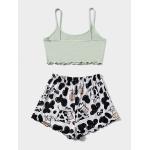 SheIn Women's Sleepwear Set Cow Print Cami Top with Drawstring Shorts Casual Cute Pajama Set