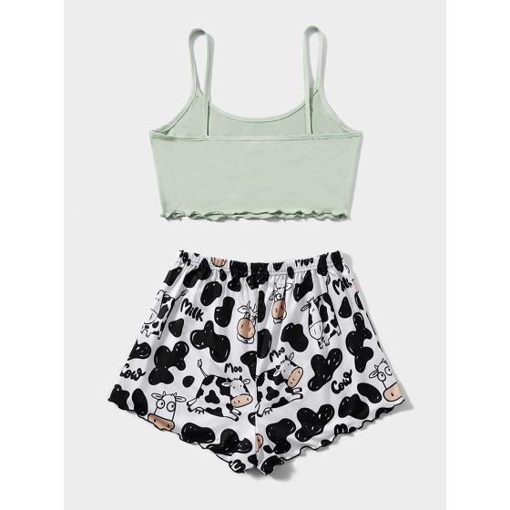 SheIn Women's Sleepwear Set Cow Print Cami Top with Drawstring Shorts Casual Cute Pajama Set