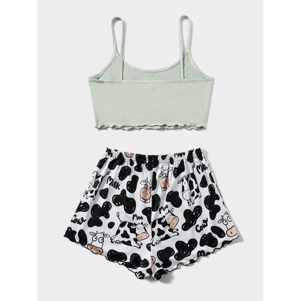 SheIn Women's Sleepwear Set Cow Print Cami Top with Drawstring Shorts Casual Cute Pajama Set