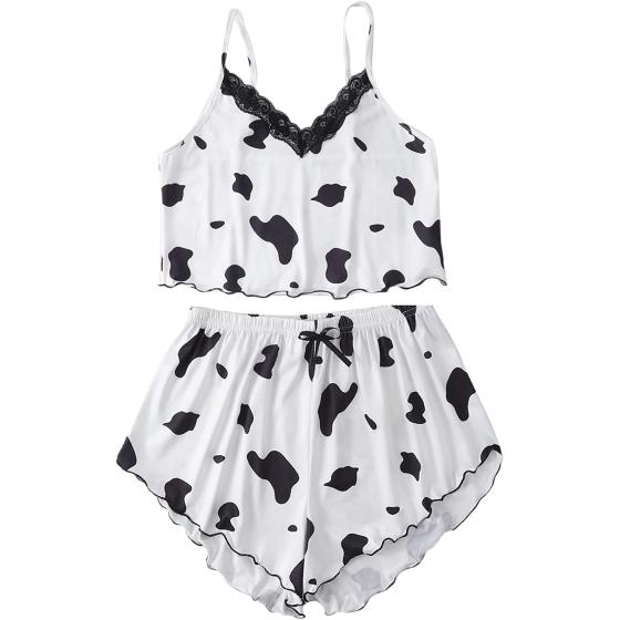 SheIn Women's Cow Print Sleepwear Lace Frill Trim Crop Cami Top and Shorts Pajama Set