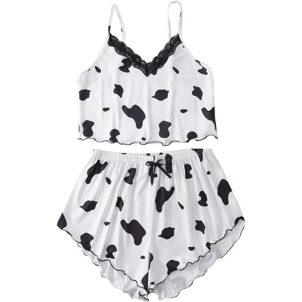 SheIn Women's Cow Print Sleepwear Lace Frill Trim Crop Cami Top and Shorts Pajama Set