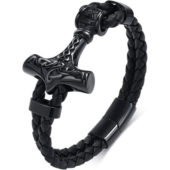 VNOX Two-Strand Braided Leather Cuff Wristband Bead Rope Bracelet Engraved Egyptian Eye of Horus/Viking Vegvisir Bracelet,Pagan Jewelry