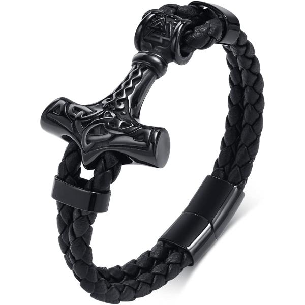 VNOX Two-Strand Braided Leather Cuff Wristband Bead Rope Bracelet Engraved Egyptian Eye of Horus/Viking Vegvisir Bracelet,Pagan Jewelry