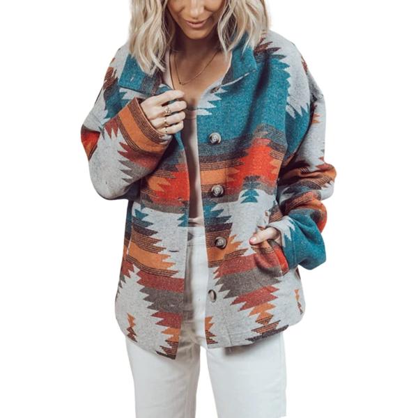 FindThy Women's Aztec Print Jacket Retro Lapel Button Pocketed Tribal Shirt Jackets Shacket