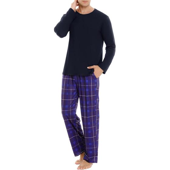 Maintain Vigour Men's pajamas set long sleeve Sleepwear Soft 2 Piece PJs Ses cat PJs with Plaid Pants.