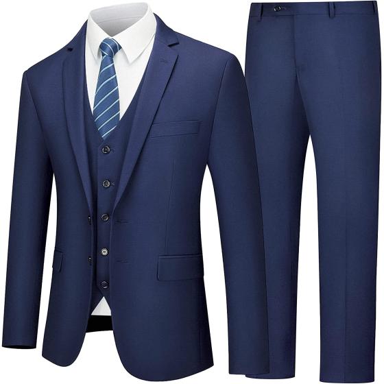 LUPURTY Men's Suits Slim Fit, 3 Piece Suits for Men, 2 Buttons Solid Jacket Vest Pants with Tie, Men Suits Tuxedo Set