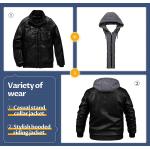 CREATMO US Men's Faux Leather Jacket Motorcycle Jacket Waterproof Windproof PU Moto Vintage Bomber Hoodie with Removable Hood