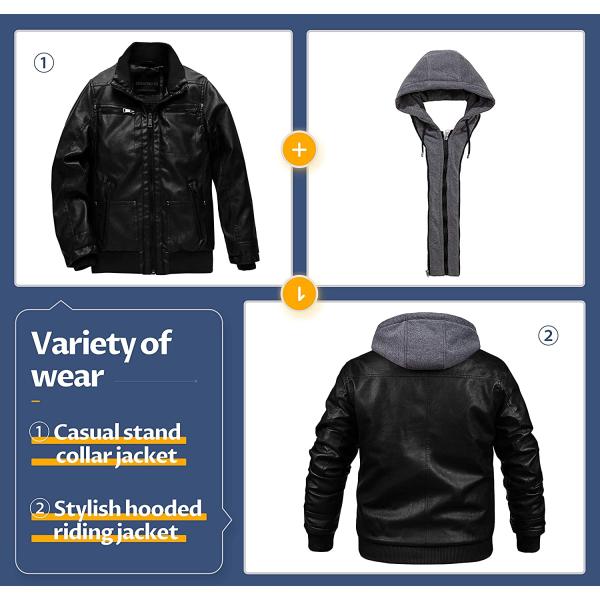 CREATMO US Men's Faux Leather Jacket Motorcycle Jacket Waterproof Windproof PU Moto Vintage Bomber Hoodie with Removable Hood