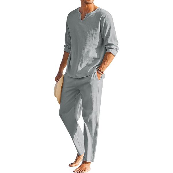 COOFANDY Men's 2 Pieces Cotton Linen Set Henley Shirt Long Sleeve and Casual Beach Pants Summer Yoga Outfits