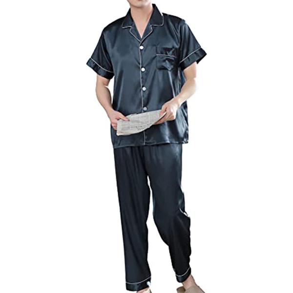 ZUEVI Men's Silk Satin Pajamas Set Short Sleeve Dragon Pattern Pjs Sets Classic Loungewear Button-Down Sleepwear
