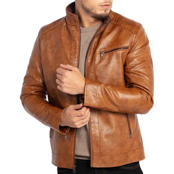 WULFUL Men's Stand Collar Leather Jacket Motorcycle Lightweight Faux Leather Outwear