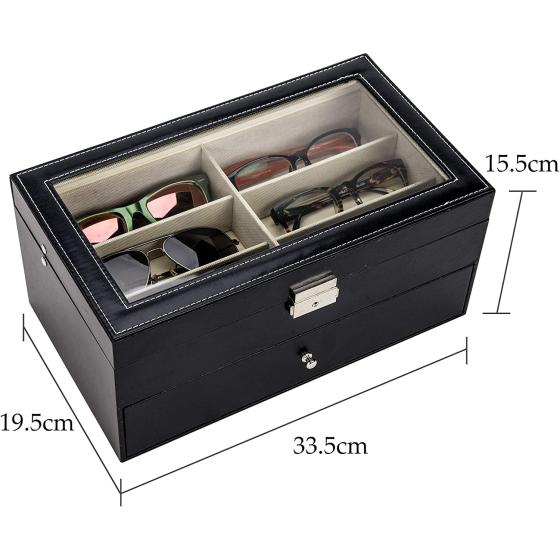 CO-Z Sunglasses Organizer for Women Men, Multiple Eyeglasses Eyewear Display Case, Leather Multi Sunglasses Jewelry Collection Holder with Drawer, Sunglass Glasses Storage Box with 12 Compartments