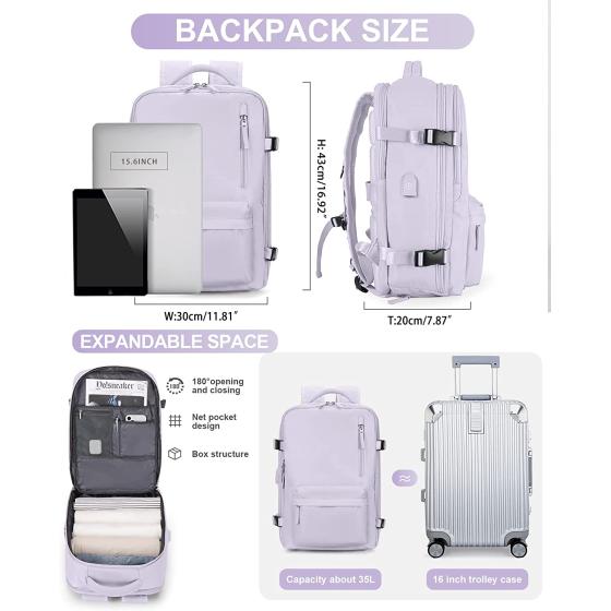 VECAVE Travel Backpack,Airline Approved Carry On Backpack for Women Waterproof 14 Inch Laptop Backpack with Shoe Compartment Casual Daypack Backpacks Purple