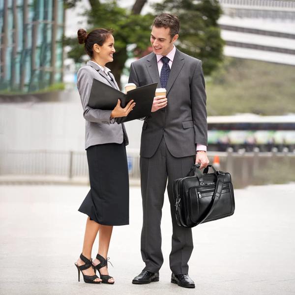 Compalo Men's Solid Thick Full Grain Leather 17.3" Laptop Briefcase Classic Messenger Bag Fit Business Travel