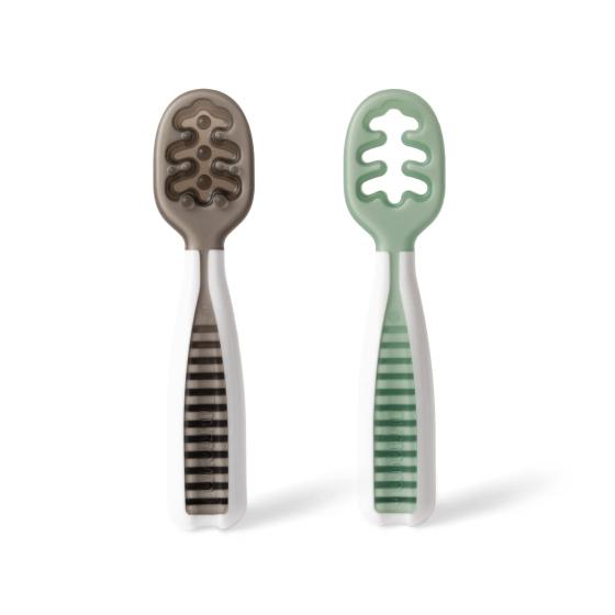 NumNum Pre-Spoon GOOtensils | Baby Spoon Set (Stage 1 + Stage 2) | BPA Free Silicone Self Feeding Toddler Utensils | for Kids Ages 6 Months+, 1-Pack, Two Spoons, Frosty Lilac/Rosebud