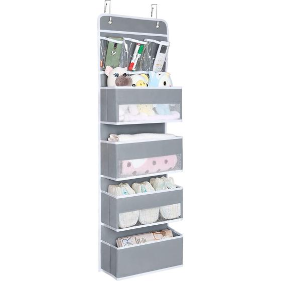Univivi Door Hanging Organizer Nursery Closet Cabinet Baby Storage with 4 Large Pockets and 3 Small PVC Pockets for Cosmetics, Toys and Sundries Grey
