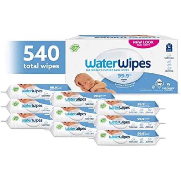 WaterWipes Plastic-Free Original Baby Wipes, 99.9% Water Based Wipes, Unscented & Hypoallergenic for Sensitive Skin, 540 Count (9 packs), Packaging May Vary