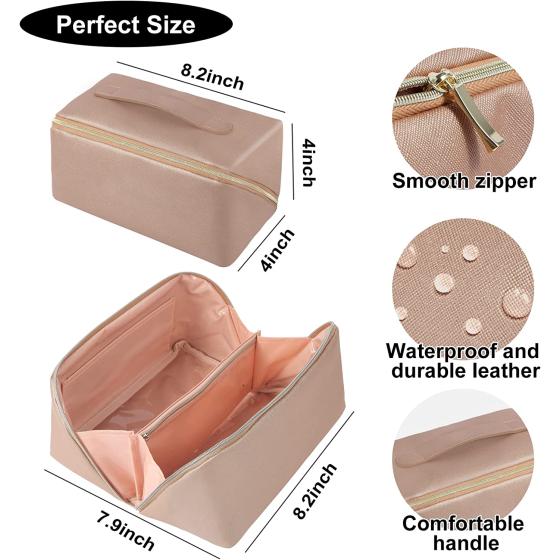 QFDS Large Capacity Travel Cosmetic Bag-Makeup Bag,Portable Leather Waterproof Women Travel Makeup Bag Organizer,with Handle and Divider Flat Lay Cosmetic Bags (Champagne gold)