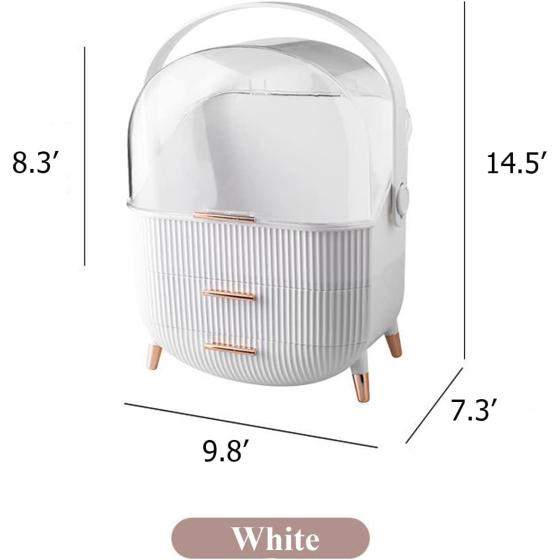 MASSY Egg Shape(Oval) Makeup Storage Box， Countertop Portable Vanity Cosmetics Organizer Preppy Style (White)