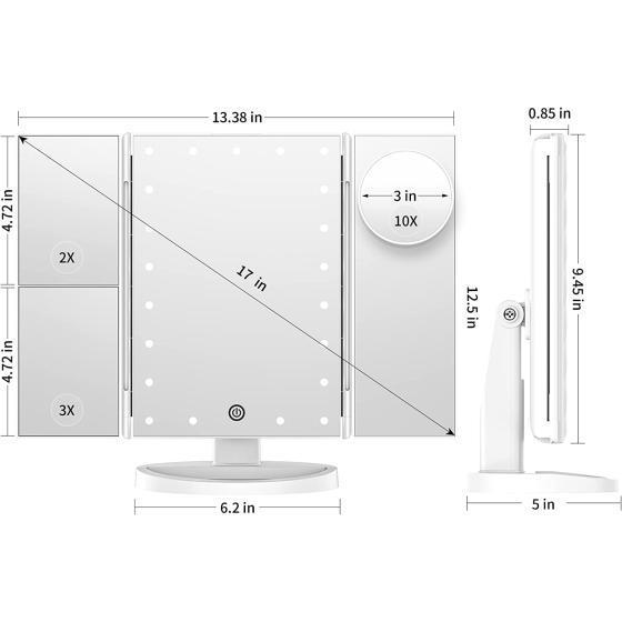 Makeup Mirror Vanity Mirror with Lights, Lighted Makeup Mirror with 2X 3X 10X Magnification, 21 LED Trifold Compact Mirror, Touch Dimming Light Up Mirror, Dual Power Supply, Gifts for Women (White)
