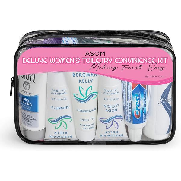 Asom Travel Toiletries Women Convenience Kit, Personal Care Toiletry Accessory Wellness Hygiene Essentials Set, TSA Approved Clear Traveling Bag Toiletry Accessories Kits, 36 Pc.