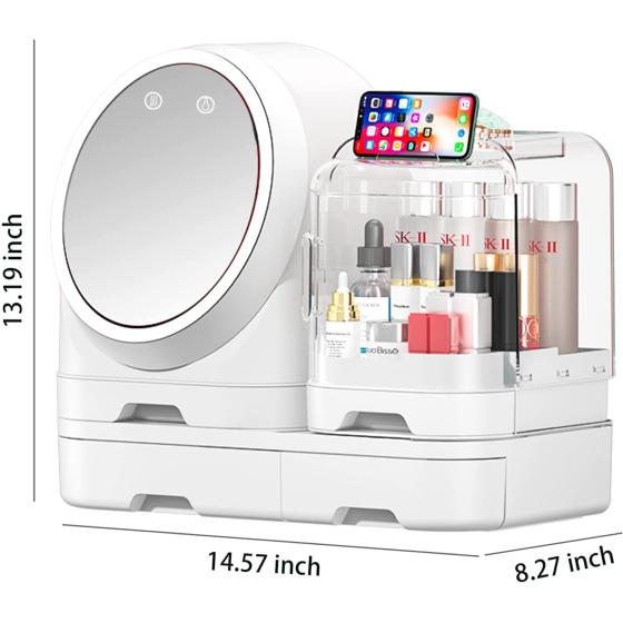 Miss Puff Makeup Organizer with LED Mirror and Fan, Large Capacity Cosmetic Storage Display Case, Waterproof and Dustproof Skincare Organizer for Bathroom and Vanity Dresser